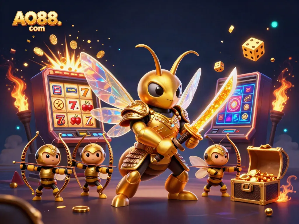 Engage with thrill at AO88. com featuring a dynamic 3D casino scene with golden samurai hornet and slot explosions.