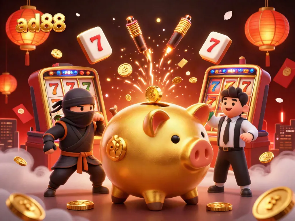 Experience excitement at ad88 with golden piggy bank sumo wrestler, slot reels, and lively casino elements.