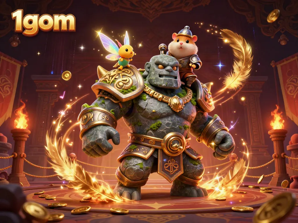 Experience thrilling action with 1gom icons in a vibrant fantasy gambling scene featuring a guardian golem.
