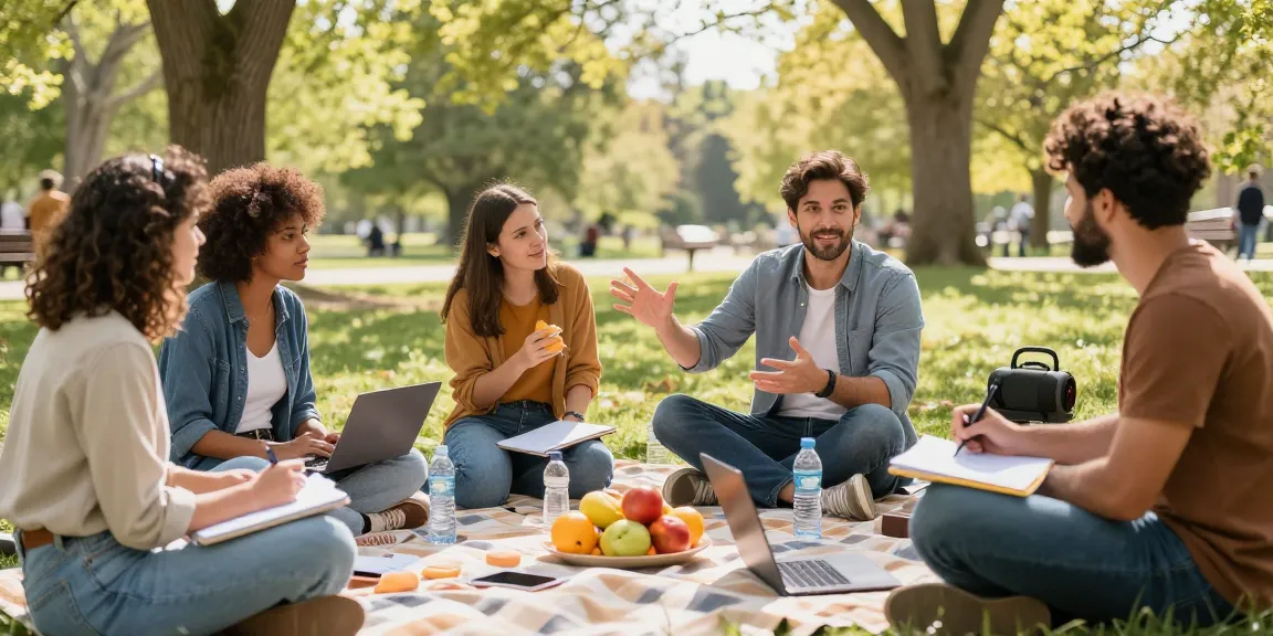 Motchill professionals collaborating outdoors in a casual spring meeting with laptops and notebooks
