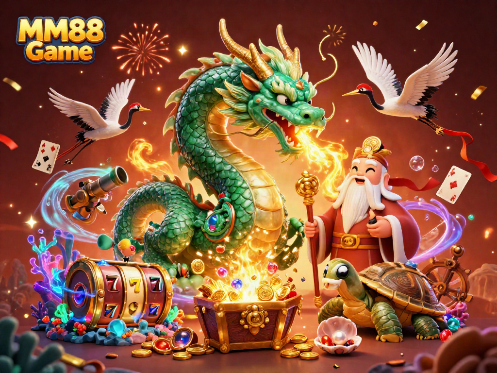 Experience exciting play with the MM88 Game featuring an intricate dragon, lucky cranes, and vibrant casino elements.
