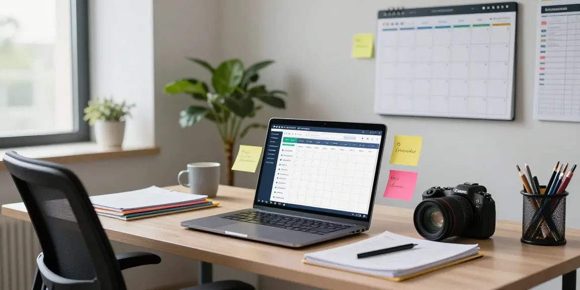 Efficient office workspace featuring rtischeduler software on laptop, showcasing productivity.