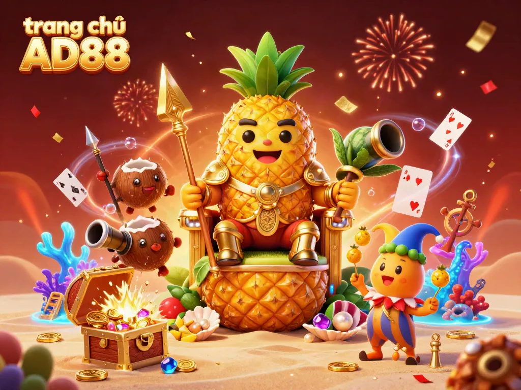 Experience the vibrant beach casino atmosphere at trang chủ AD88 with the golden pineapple king and lively characters.