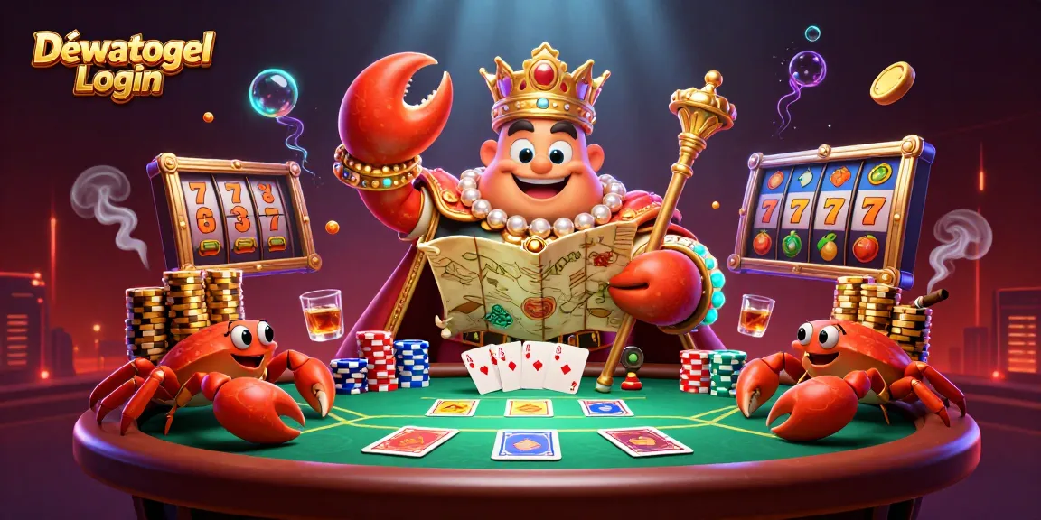 Dewatogel Login showcases a dynamic scene with a golden crab emperor, poker and slot symbols, immersing players in a lively gaming atmosphere.