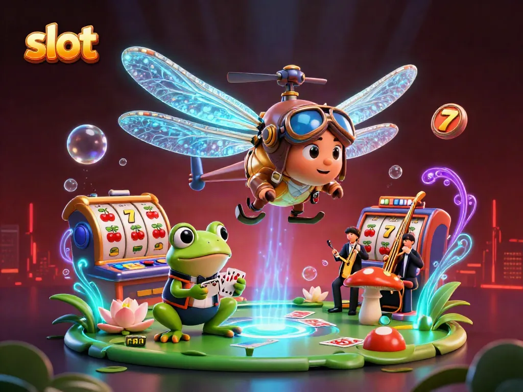 Engage with thrilling slot action as a cartoon dragonfly pilot oversees a vibrant casino scene.
