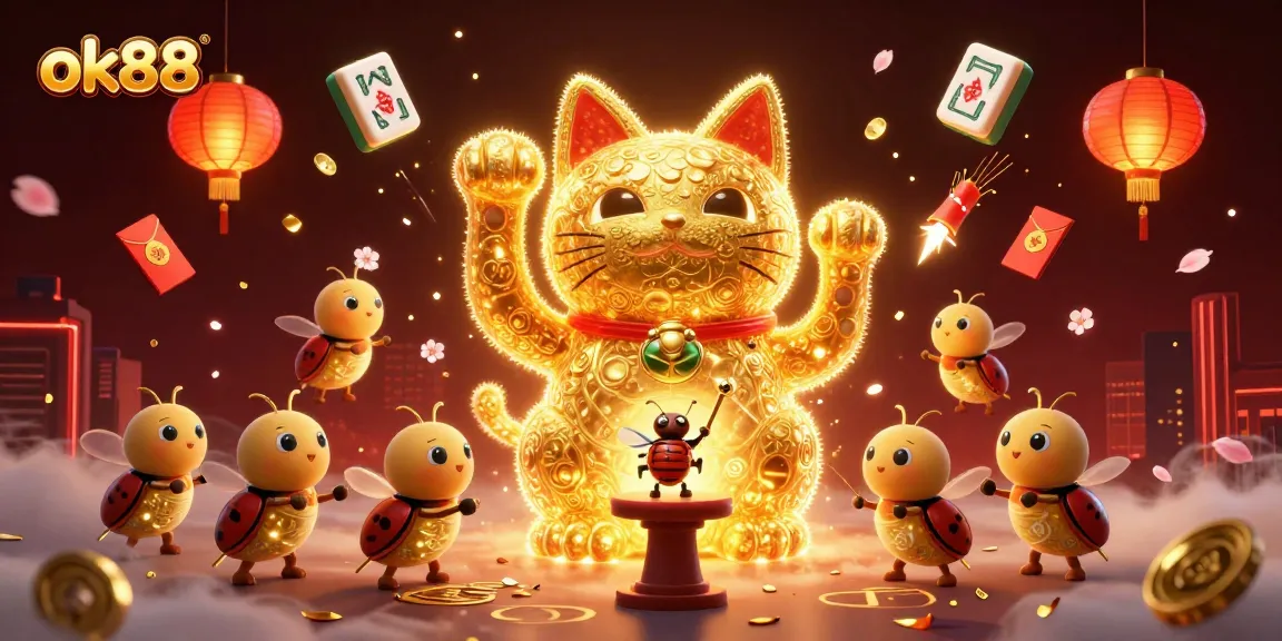 Engage with ok88's vibrant 3D illustration featuring a lucky cat and dynamic casino symbols.