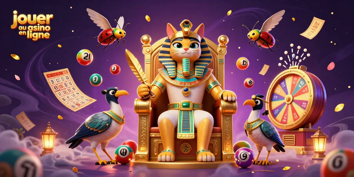 Jouer au casino en ligne avec un pharaon égyptien et des éléments de loterie colorés dans une scène vibrante.