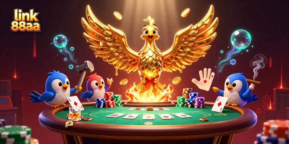 Engage with exciting games at link 88aa as a golden phoenix rises amidst vibrant poker elements.