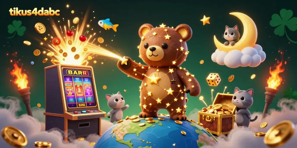 Play in tikus4dabc with a vibrant 3D casino scene featuring a constellation bear and a jackpot explosion.