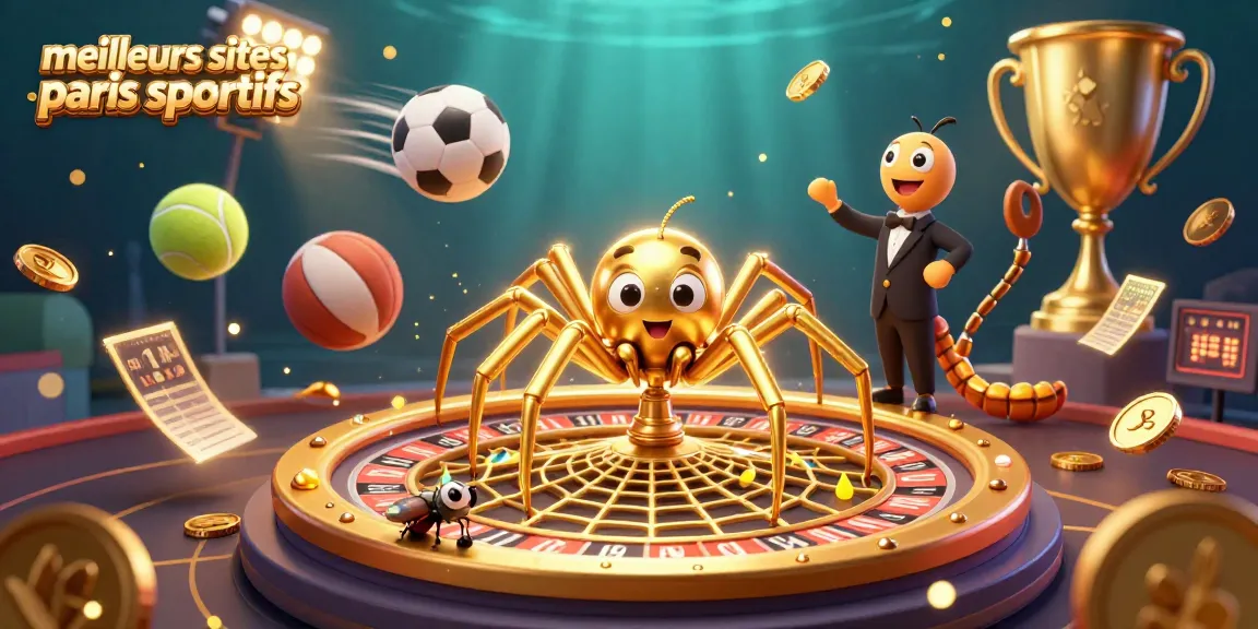 Les meilleurs sites paris sportifs mettent en avant une araignée d'or et un croupier centipède dans un univers dynamique.