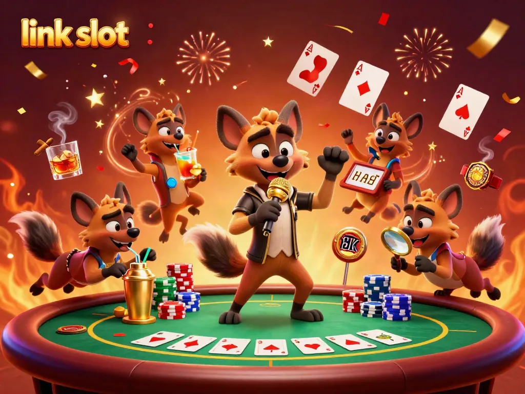 Experience the energy of link slot gaming with 3D hyenas in a casino, mixing drinks and telling jokes.