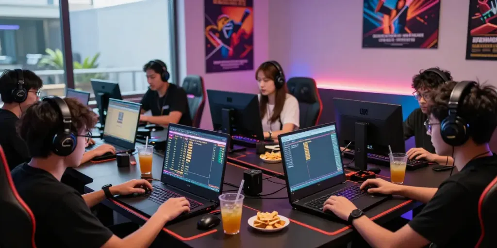 Players engaged in togel online gaming competition with laptops and lively atmosphere.