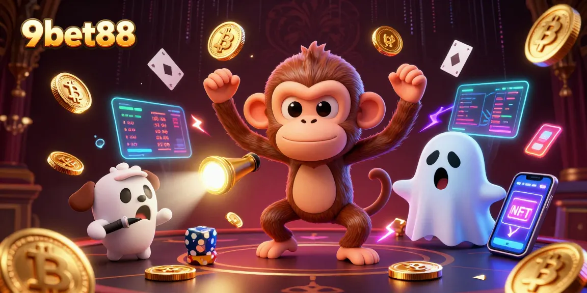 Experience thrilling action at 9bet88 with a playful ghost and puppy tracking golden treasures in a vibrant casino.