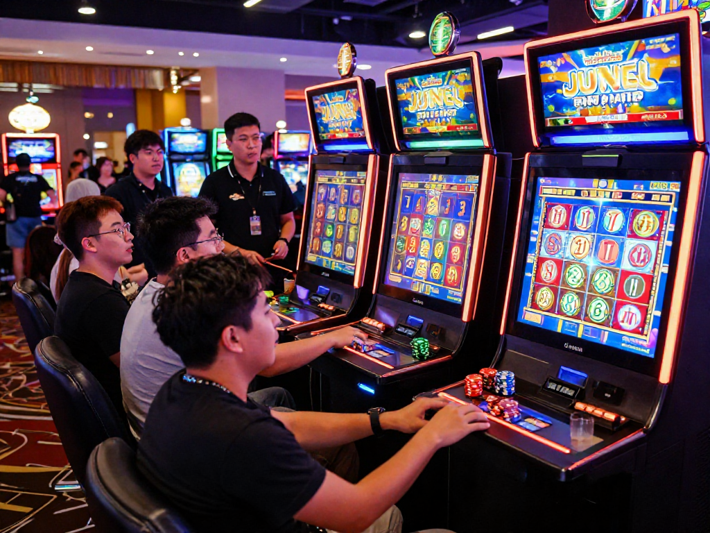 Exciting judi slot gaming scene in a vibrant modern casino environment with diverse players enjoying their experience.