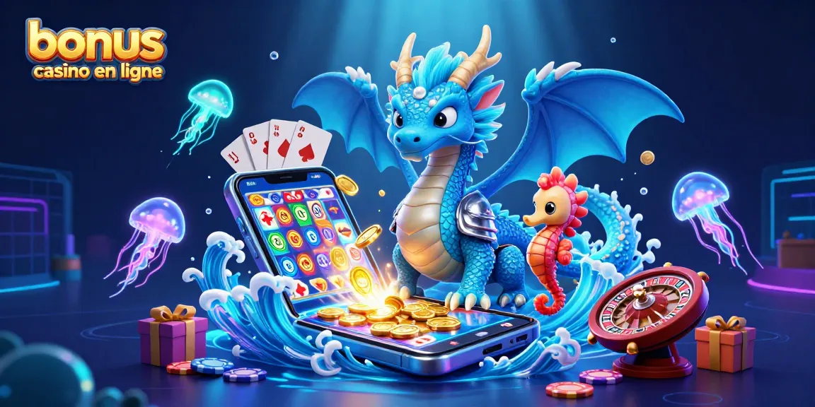 Profitez du bonus casino en ligne avec un dragon azur et des éléments de jeu vibrants.