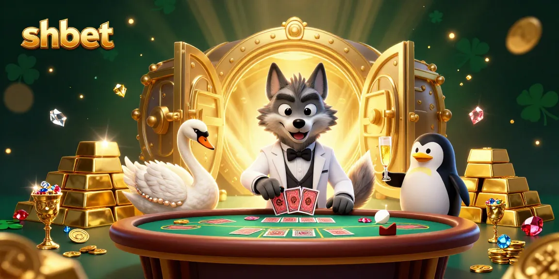 Experience shbet's elegance as a debonair wolf, swan dealer, and penguin sommelier at a baccarat table.