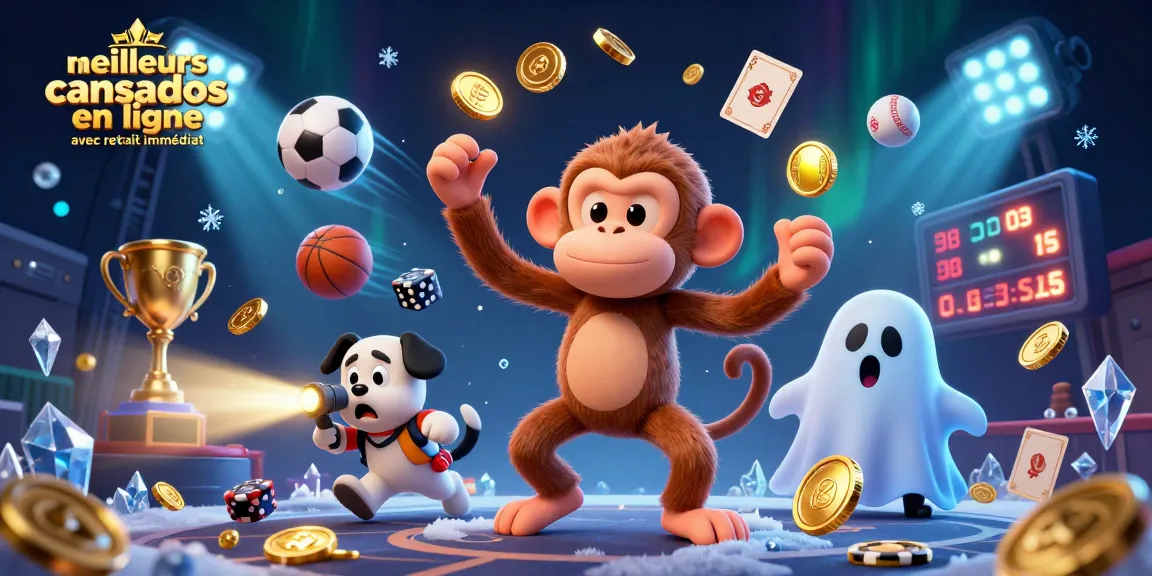 Illustration des meilleurs casinos en ligne avec retrait immédiat, montrant un singe poltergeist jonglant avec des objets dorés dans un casino.