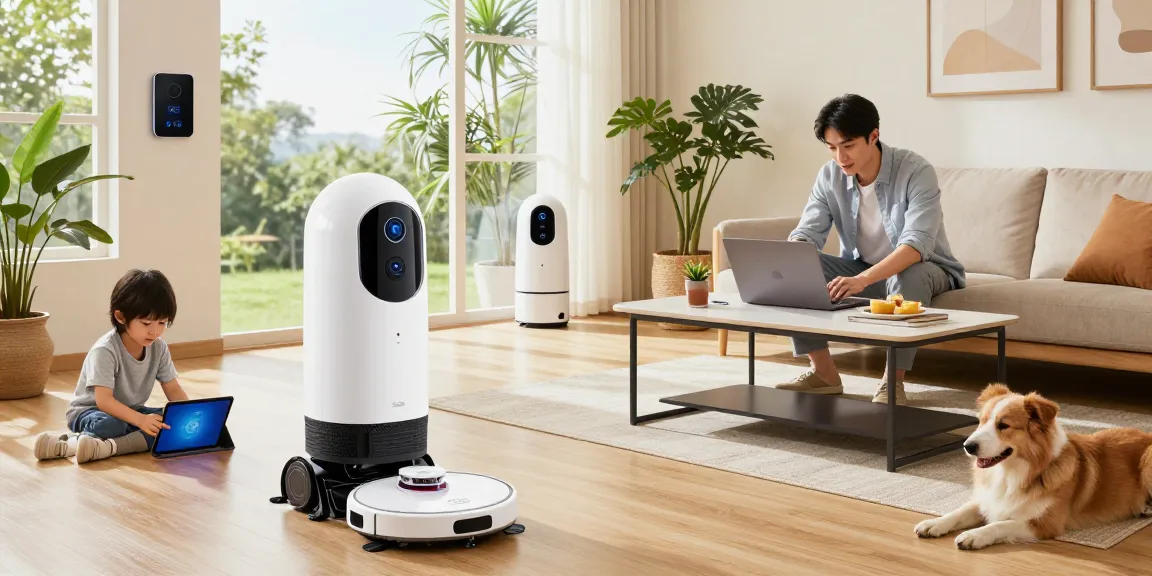 A family interacts in a modern living room with a humanoid home robot 2026 helping with chores.