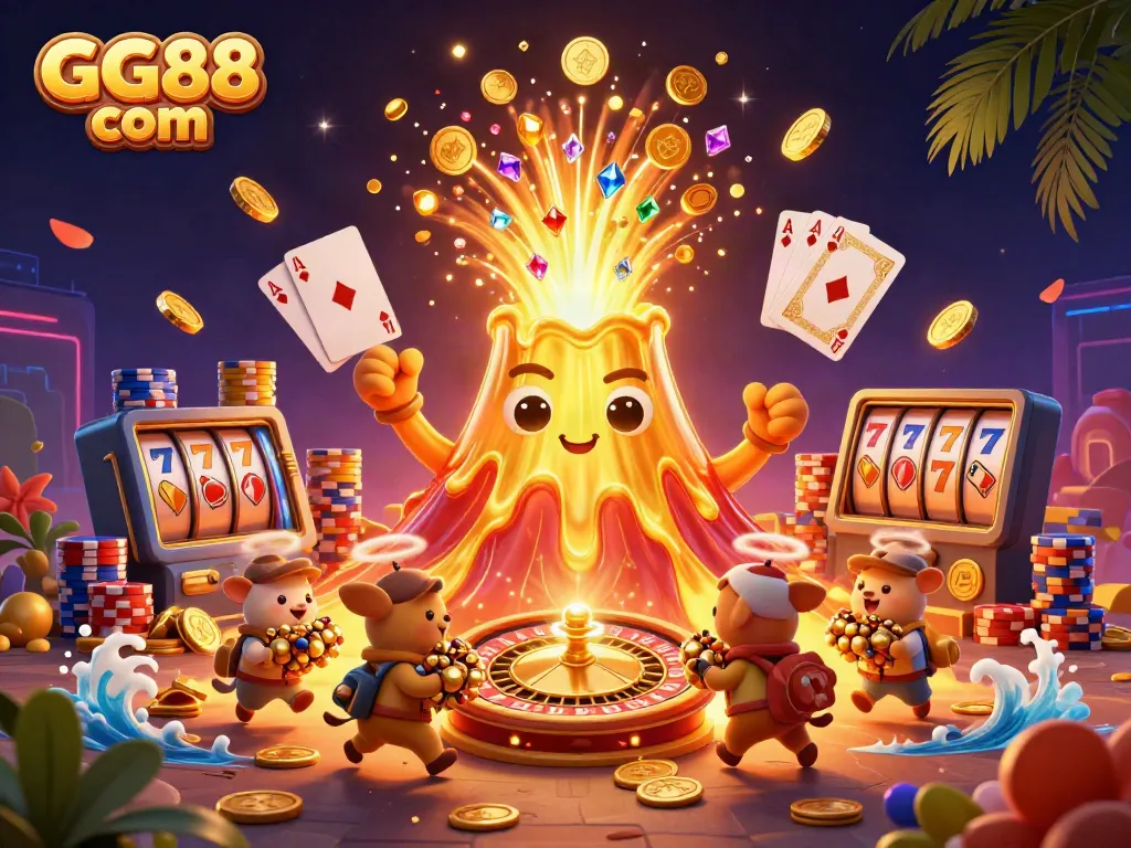 Experience the excitement of GG88 com with a vibrant 3D casino scene featuring golden treasures and winning symbols.