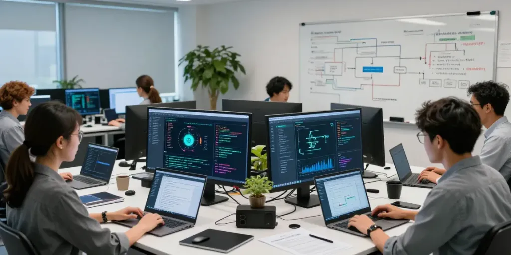 Team developing Enterprise AI models in a modern tech lab with screens showing data.