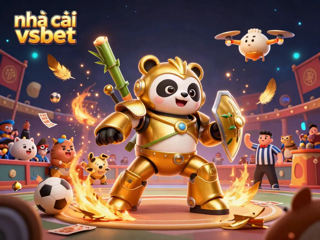 Engage in thrilling action with the nhà cái vsbet golden panda fighting robot amid cheering spectators.