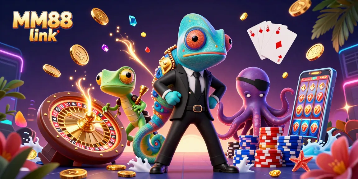 Experience the excitement of MM88 link with engaging casino characters surrounded by glittering game elements.