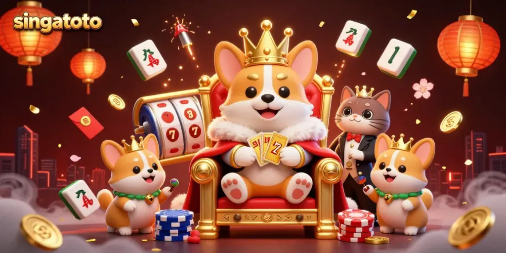Experience the excitement of singatoto with a royal corgi and vibrant casino elements in this dynamic illustration.