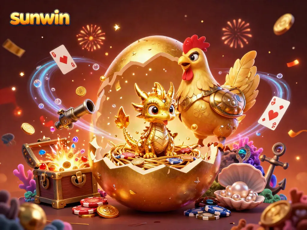 Sunwin showcases a golden baby dragon and poker chips amidst a vibrant casino celebration.
