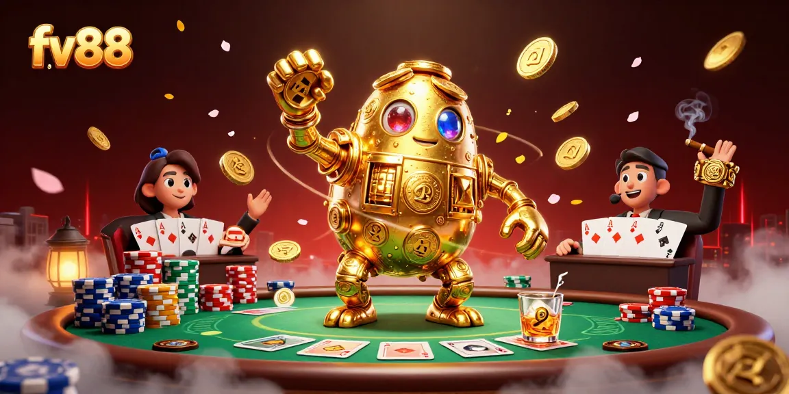 Engage in epic gameplay with fv88, featuring golden golem and poker elements in a vibrant 3D casino scene.