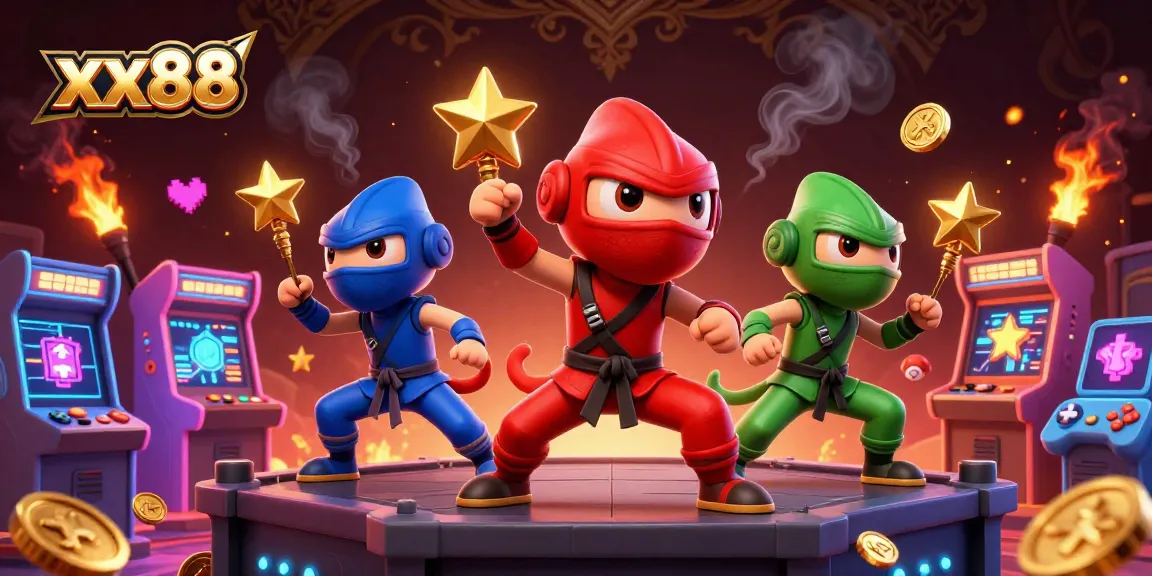 Experience the thrill at xx88 with ninja chameleons competing against vibrant casino game machines.