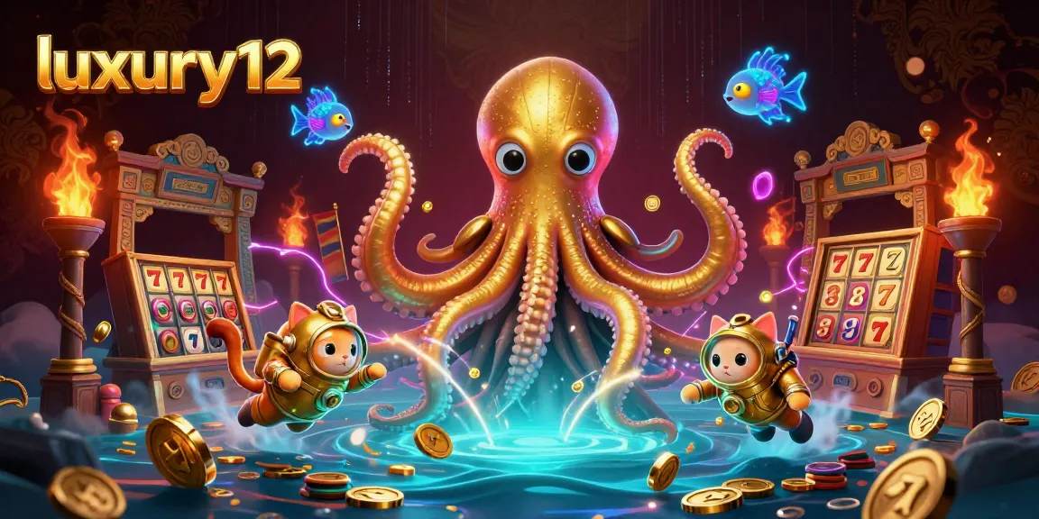 Engage with luxury12 as the kraken emerges, revealing slot reels and gold tokens in a thrilling casino adventure.