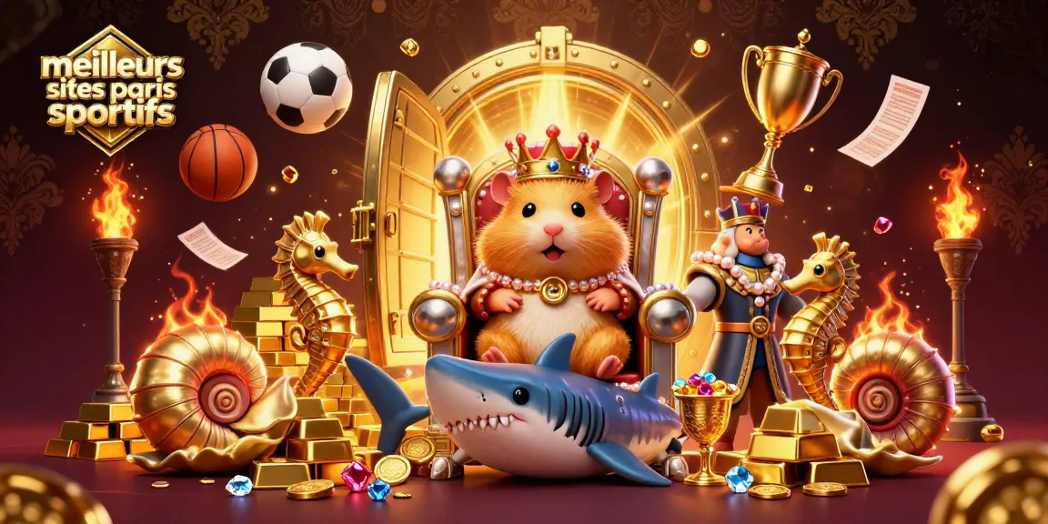 Les meilleurs sites paris sportifs proposent un roi hamster sur un trône, entouré de gardes seahorse et de trésors.