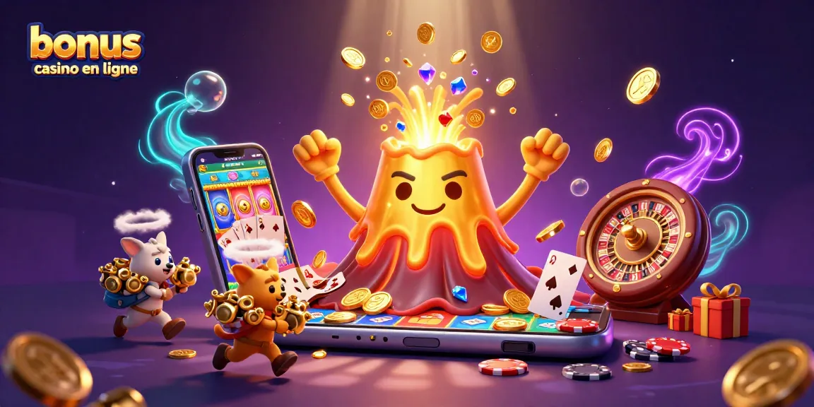 Offre de bonus casino en ligne avec un volcan en or et des animaux explorateurs s'échappant avec des trésors.