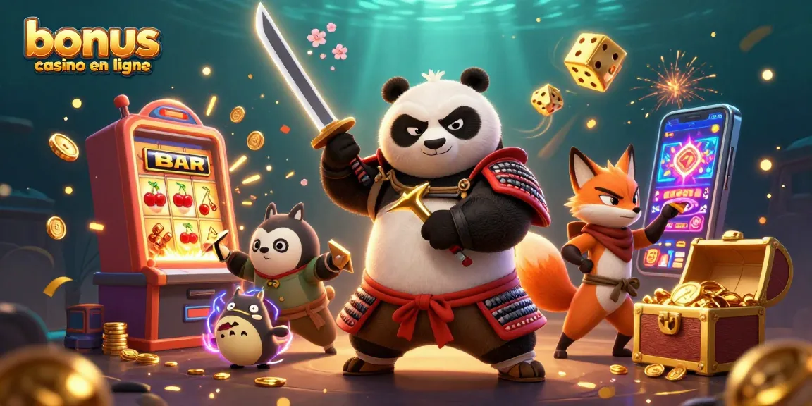 Bonus casino en ligne avec un panda samouraï et un renard ninja entourés de jackpots
