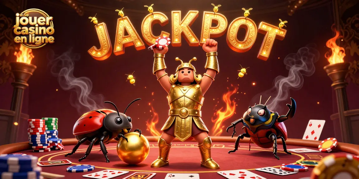 Jouez au casino en ligne avec un scarabée en armure dorée célébrant un JACKPOT de poker.