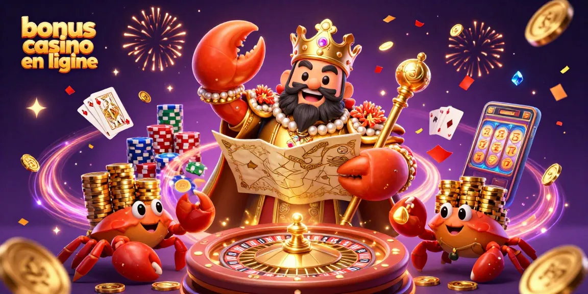 Profitez du bonus casino en ligne avec l'empereur crabe doré entouré de trésors et de jeux fascinants.