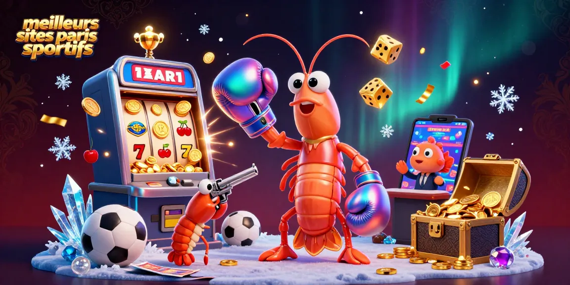 Vision dynamique des meilleurs sites de paris sportifs avec des personnages de crevettes colorés et des éléments de jeu captivants.
