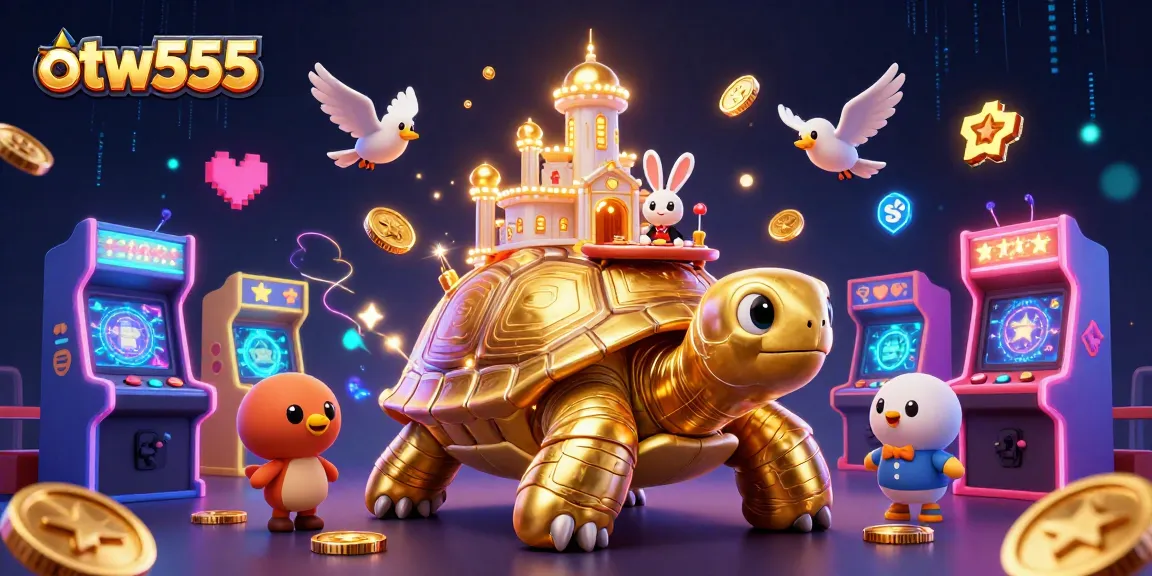 otw555 features a vibrant casino scene with a golden tortoise, a dealer, and coins flying around