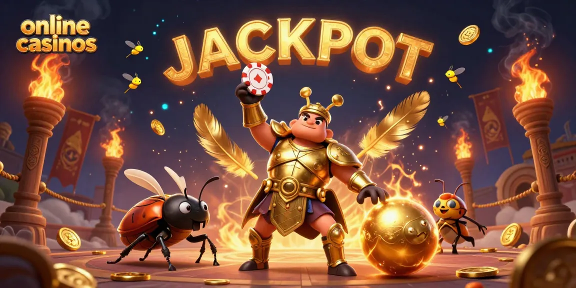 Engage in online casinos with this vibrant 3D illustration of beetles celebrating a jackpot.