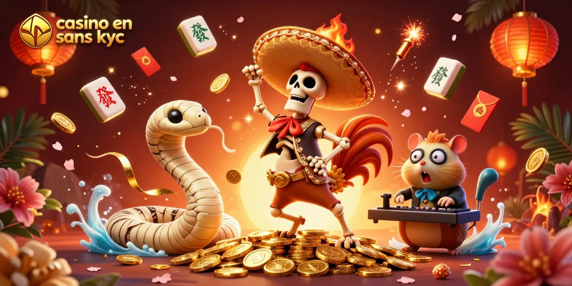 Jouez à casino en ligne sans KYC avec une illustration festive de personnages dans une scène dynamique.